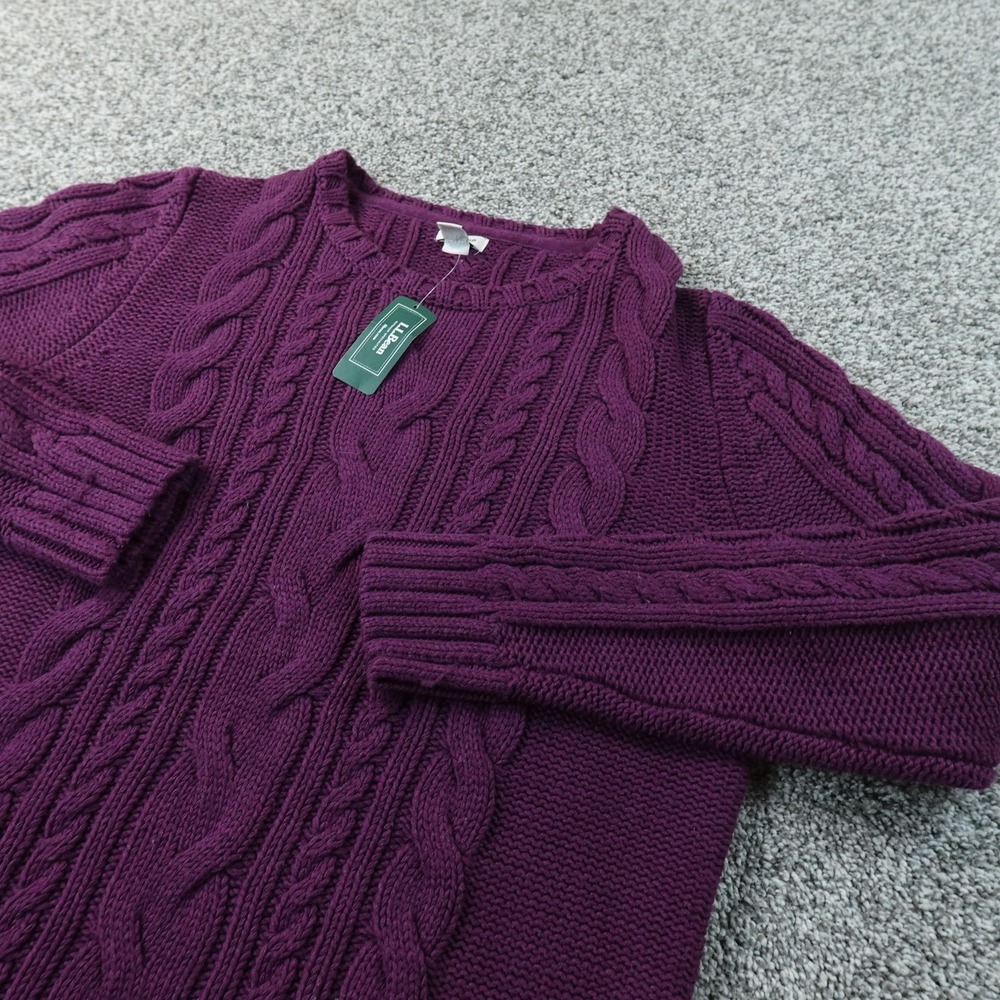NEW LL Bean Sweater Womens L Purple Double L Aran Cable Knit Crewneck Pullover